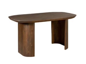 Houten eettafel met afgeronde hoeken en cilindervormige poten.