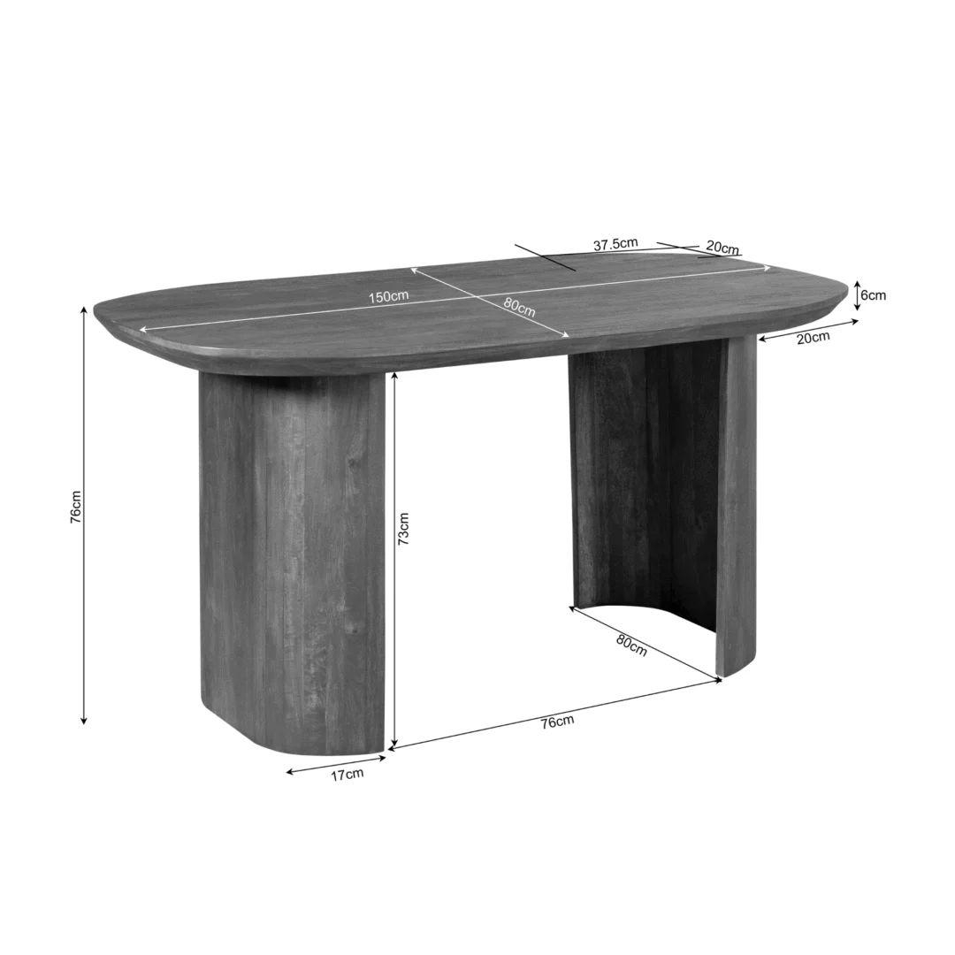 Afmetingen van een grijze ovale houten eettafel. Lengte 150cm, breedte 80cm, hoogte 76cm.