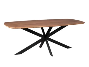 De Eettafel Elegance is een Deens ovale houten tafel van 240x110 cm met afgeronde hoeken en een dik blad, ondersteund door een zwart metalen onderstel met meerdere schuine poten die in het midden samenkomen.