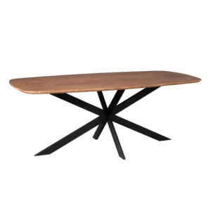 De Eettafel Elegance is een Deens ovale houten tafel van 240x110 cm met afgeronde hoeken en een dik blad, ondersteund door een zwart metalen onderstel met meerdere schuine poten die in het midden samenkomen.