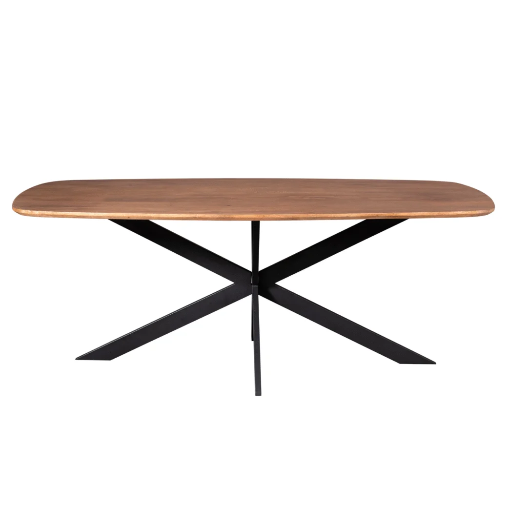 De Eettafel Elegance | Deens ovaal | 240x110 cm heeft een modern ovaal houten blad en een zwart metalen onderstel met vier schuine poten die elkaar in het midden kruisen.