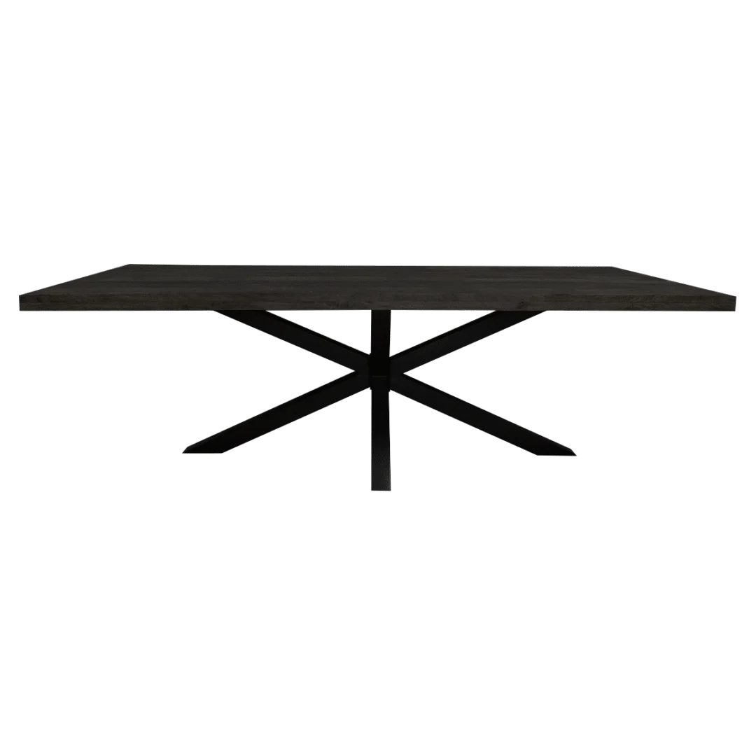 De Eettafel Denver Zwart is een moderne rechthoekige tafel (300 cm) met een dik donker blad en een voet in de vorm van een ster met schuine poten die vanuit het midden uitwaaieren.