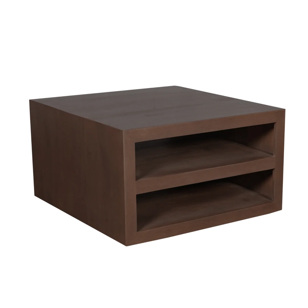 De Salontafel Walnoot Compact is een moderne, vierkante, donkerbruine houten bijzettafel met twee open vakken, afgebeeld tegen een witte achtergrond.