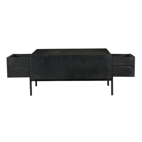 De Salontafel 80 x 80 CM Vierkant Opbergvak is een moderne zwarte rechthoekige salontafel met twee laden aan elke kant en staat op vier slanke poten.