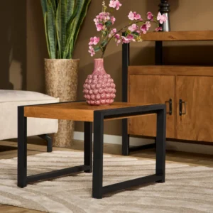 De bijzettafel Boaz 60 cm, met een houten blad en een zwart metalen frame, houdt een vaas met roze structuur en roze bloemen vast. Vlakbij staan een gestreept vloerkleed, een groene plant, een lichte bank en een houten kast in een gezellige, moderne woonkamer.