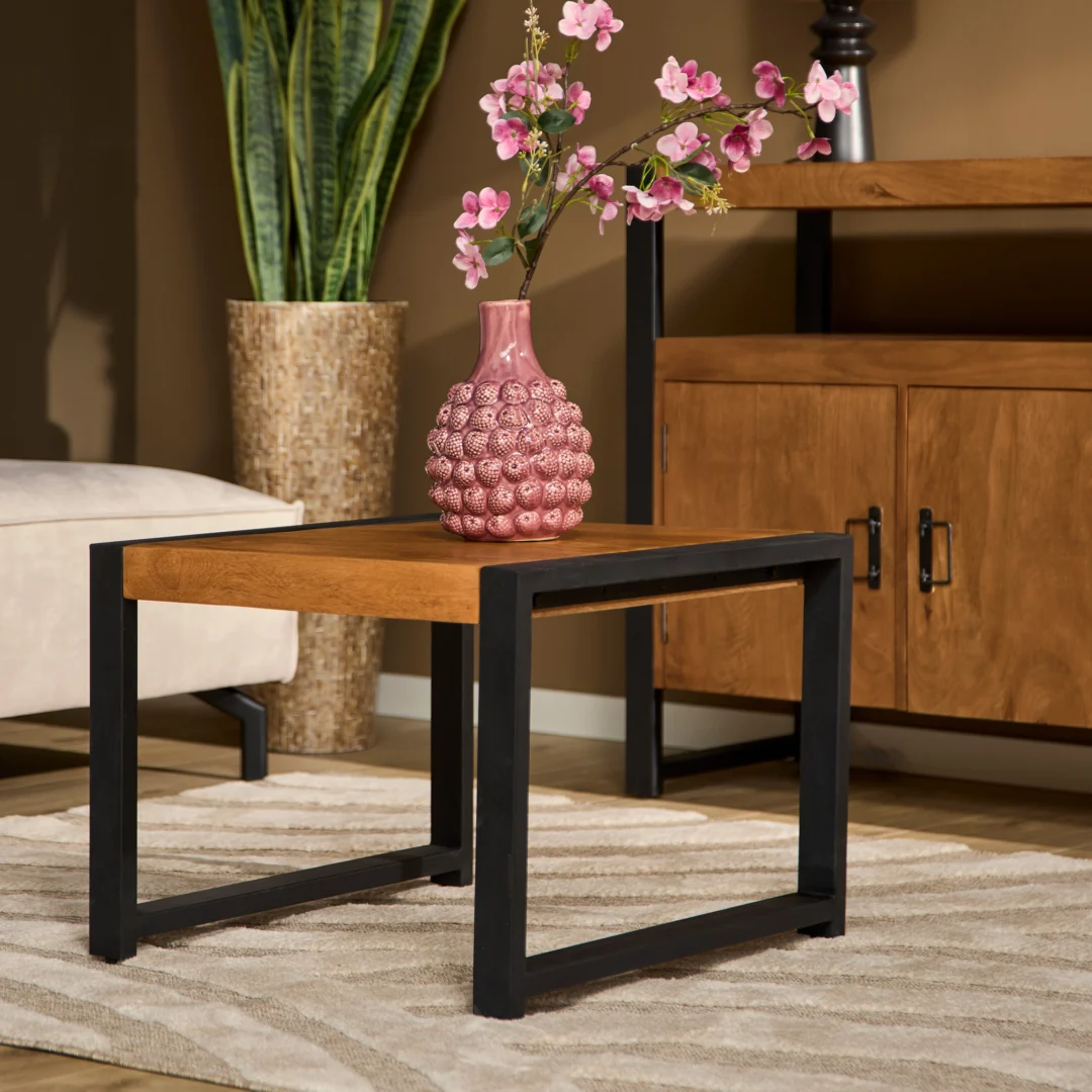 De bijzettafel Boaz 60 cm, met een houten blad en een zwart metalen frame, houdt een vaas met roze structuur en roze bloemen vast. Vlakbij staan een gestreept vloerkleed, een groene plant, een lichte bank en een houten kast in een gezellige, moderne woonkamer.