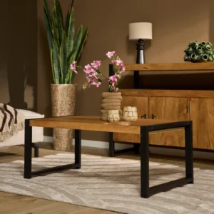 Een moderne woonkamer met de Salontafel 60 x 45 CM, met een houten blad en zwarte metalen poten, versierd met roze bloemen en decor. Daarachter staan een houten dressoir, hoge plant, lamp en neutraal gekleurde muren en vloerkleed.