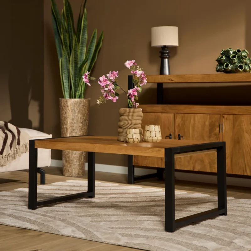 Een moderne woonkamer met de Salontafel 60 x 45 CM, met een houten blad en zwarte metalen poten, versierd met roze bloemen en decor. Daarachter staan een houten dressoir, hoge plant, lamp en neutraal gekleurde muren en vloerkleed.