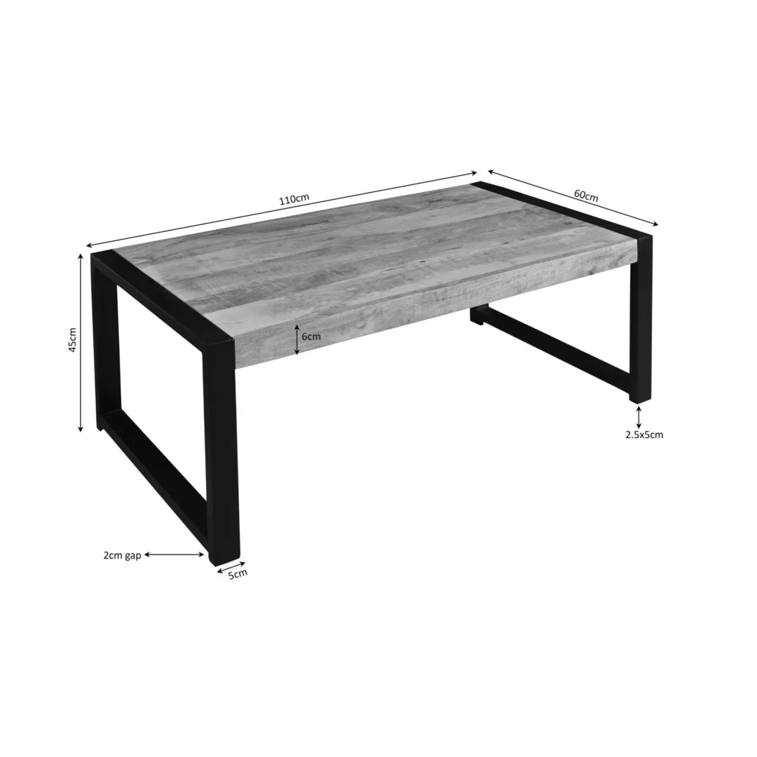 De Salontafel 60 x 45 CM is een rechthoekige tafel met een licht houten blad en zwarte metalen poten van 110 cm lang, 60 cm breed en 45 cm hoog. Pootdikte en tussenruimte worden aangegeven met pijlen.