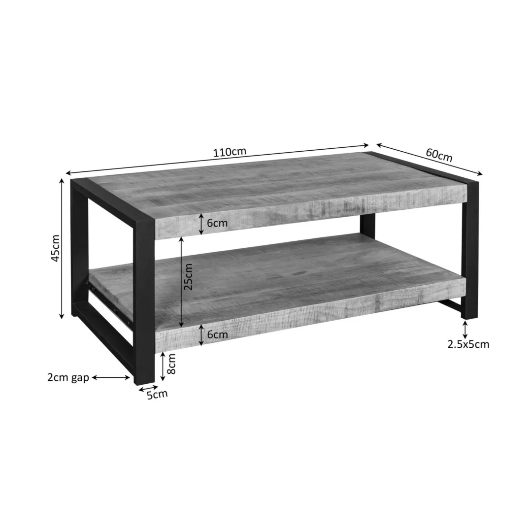 Salontafel 110 x 60 CM met een zwart metalen frame, 2 grijze houten planken, afmetingen 110cm (L) x 60cm (B) x 45cm (H), 25cm plankafstand, plus gedetailleerde afmetingen.