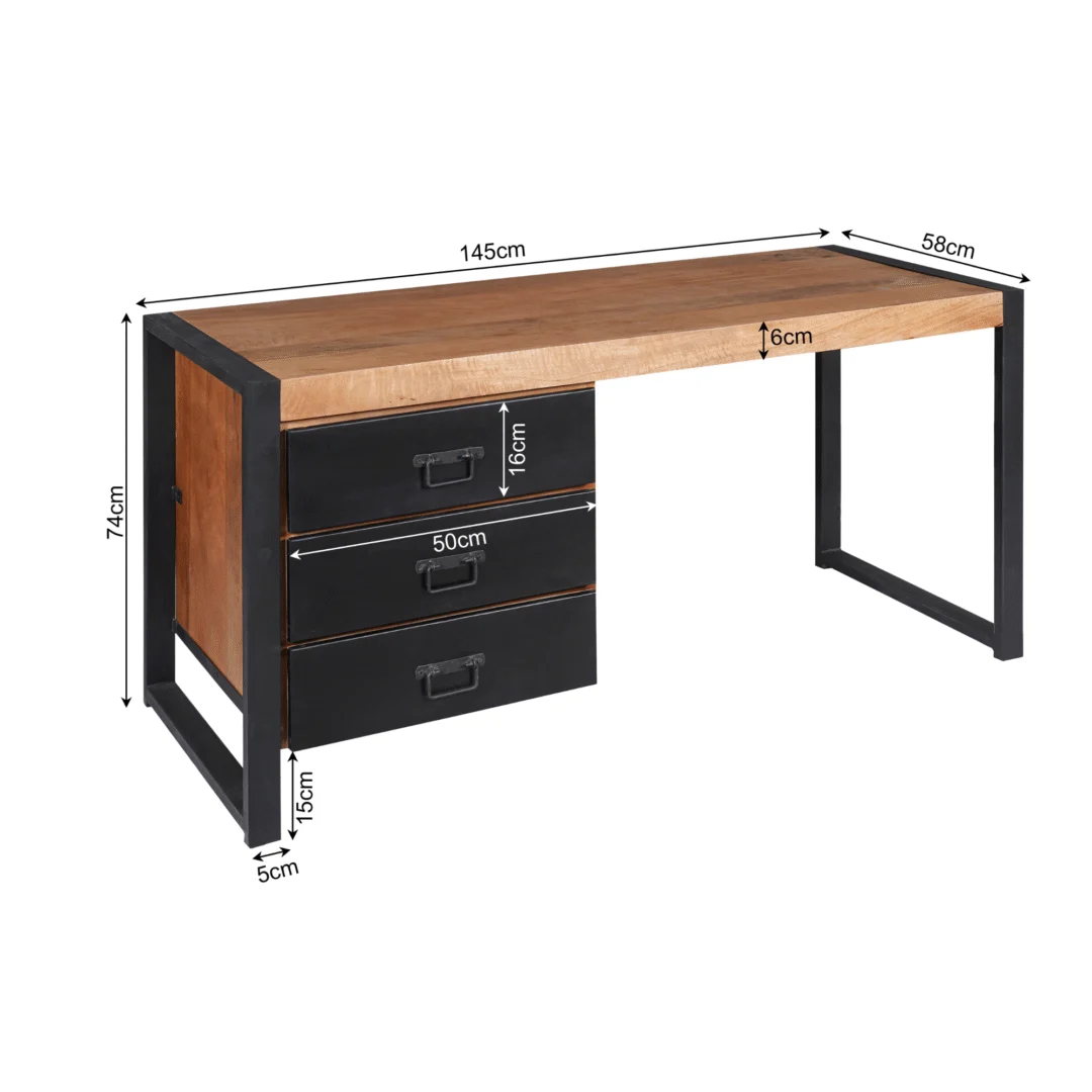 Industriële bureau 145x58 mangohout met metalen frame en 3 lades.