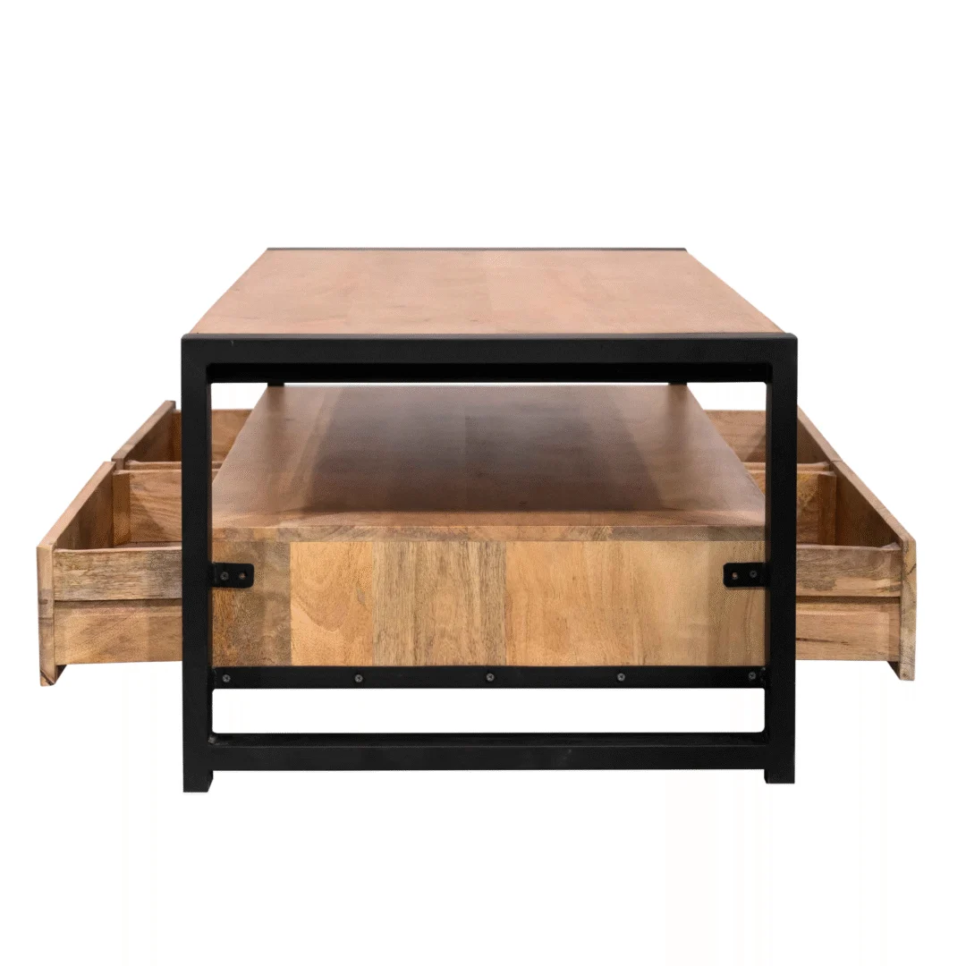 De Salontafel 120 x 60 CM Klassiek is een rechthoekige houten salontafel met een zwart metalen frame, voorzien van twee open zijlades en een open plank onder het tafelblad, afgebeeld vanaf de voorkant.