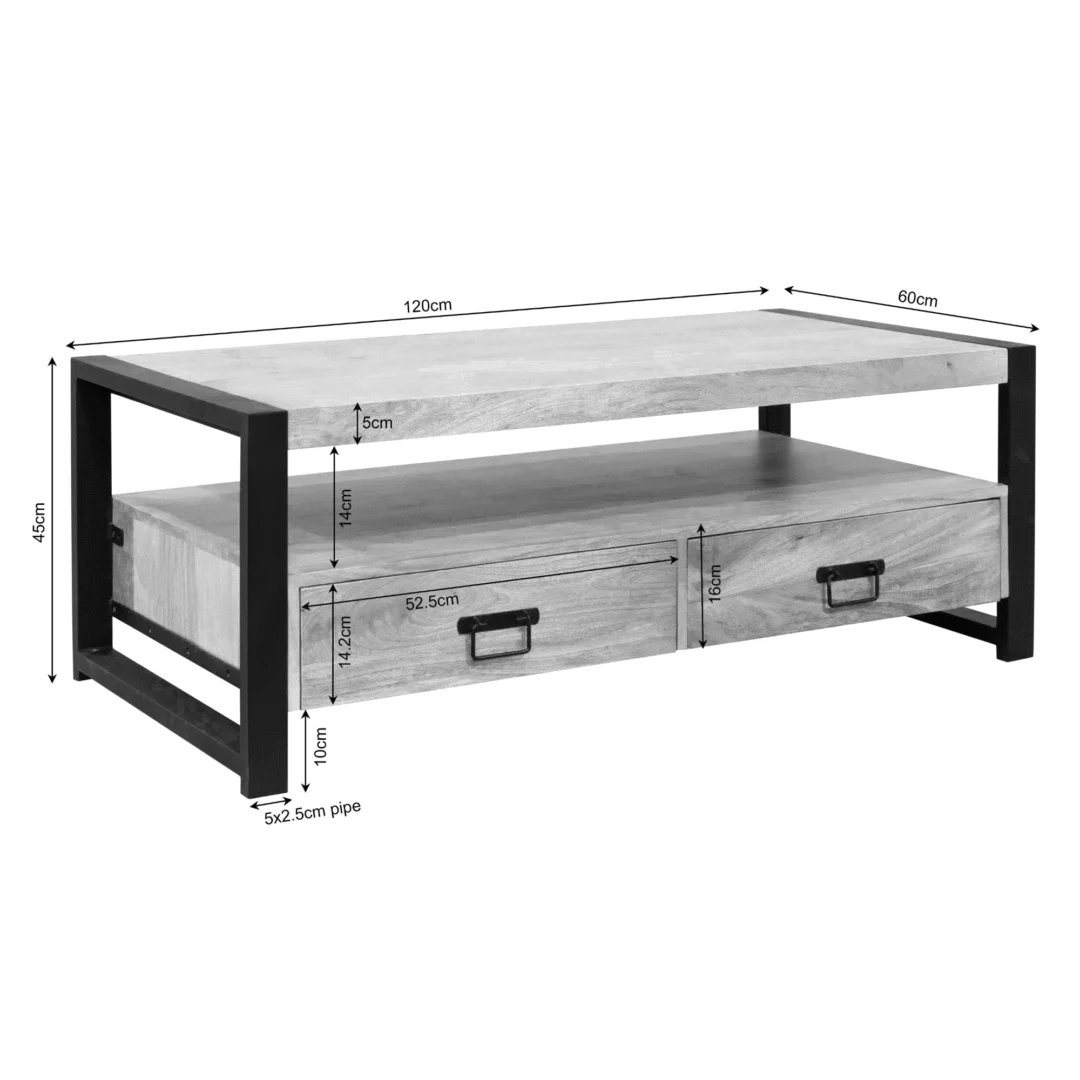 De Salontafel 120 x 60 CM Klassiek is een rechthoekige houten salontafel met een zwart metalen frame, twee laden aan de voorkant en een open plank. De afmetingen van de tafel zijn 120cm (L) x 60cm (B) x 45cm (H); de afmetingen van de lades staan in de afbeelding.