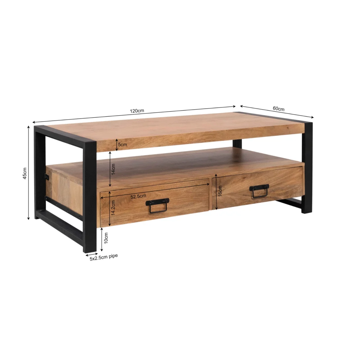 De Salontafel 120 x 60 CM Klassiek is een rechthoekige houten salontafel met een zwart metalen frame, twee laden (14,5x52,5cm), een open plank en stevige buispoten van 5x2,5cm; totale afmetingen: 120x60x45cm (BxDxH).