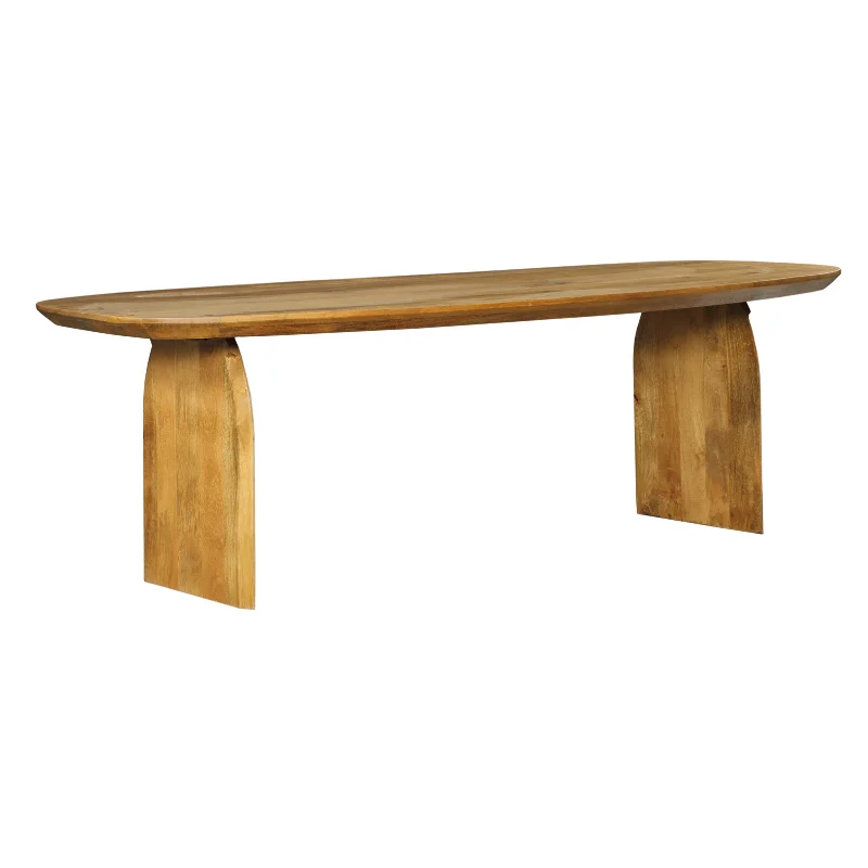 De Eettafel Tense | 240 cm is een moderne, minimalistische houten eettafel met een glad rechthoekig blad en twee brede, massieve poten in een licht houten afwerking.