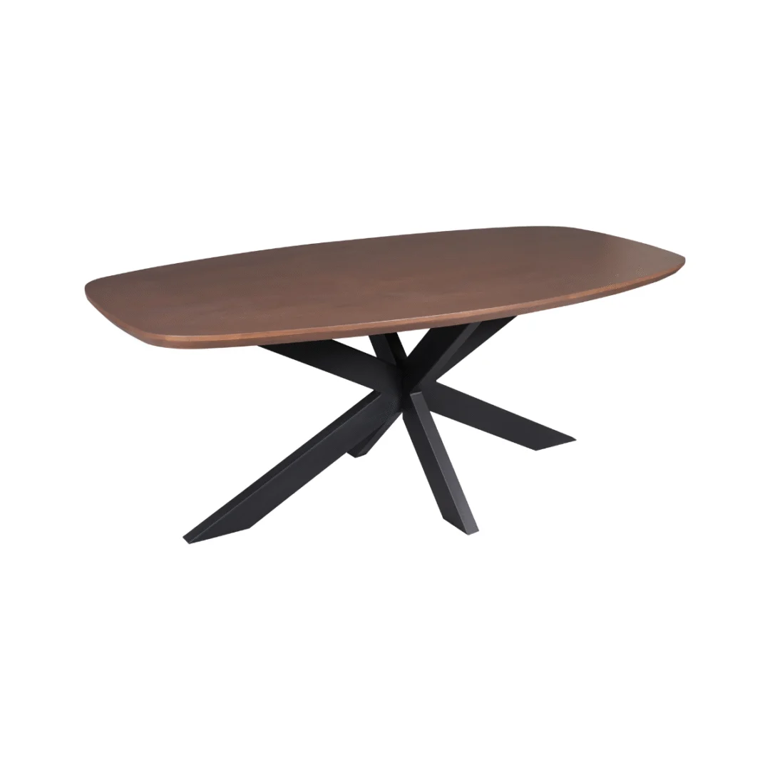 De Eettafel Madison Walnut is een Deense ovale houten tafel van 280 cm met een dik blad en afgeronde hoeken, voorzien van een schuin zwart metalen onderstel met kruisende poten.