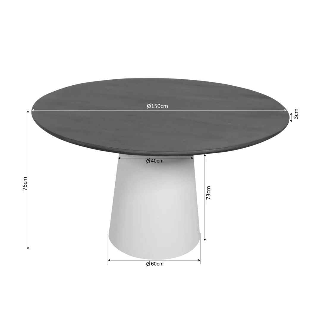 Schematische weergave van een Madison eettafel. Ronde tafel met afmetingen in centimeters. Donker blad en witte voet, heldere belichting.