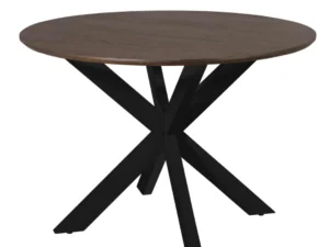 Bruine ronde eettafel Madison met een zwart metalen onderstel in een witte studio. De tafel heeft een houten blad en een moderne uitstraling.