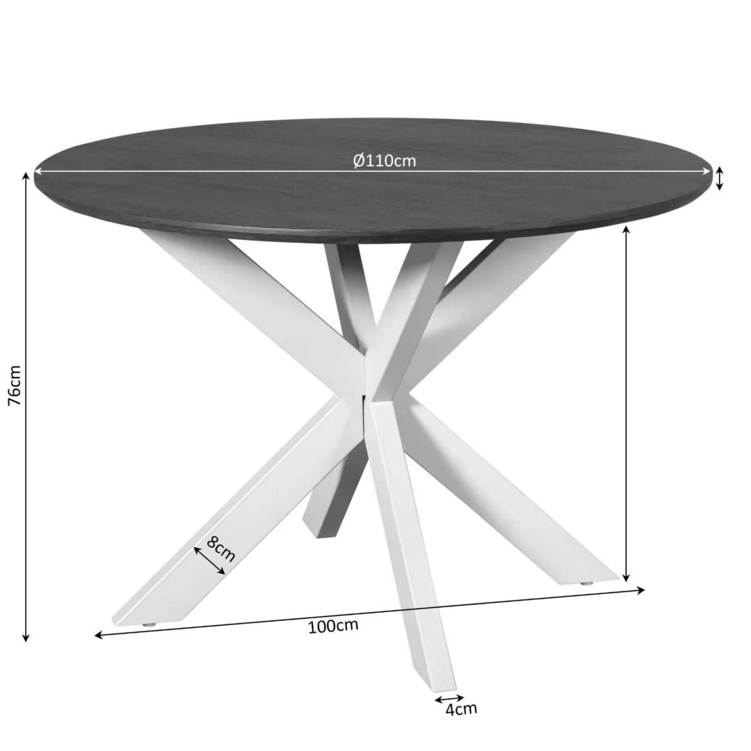 Afmetingen van de Madison eettafel: rond zwart blad, witte poten in kruisvorm. Details van hoogte, diameter en pootbreedte in centimeters.