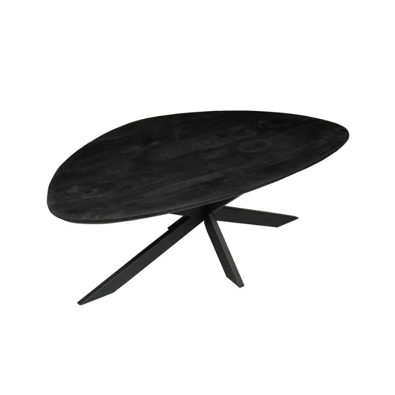 De Salontafel 130 x 70 CM Rond Compact is een moderne zwarte salontafel met een organisch gevormd blad en drie schuine poten die een unieke geometrische basis vormen, tegen een witte achtergrond.