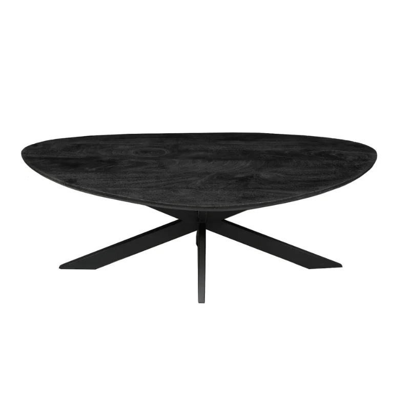 De Salontafel 130 x 70 CM Rond Compact is een moderne zwarte ovale salontafel met een glad houten blad en een schuin kruispoot onderstel, afgebeeld vanaf de voorkant op een witte achtergrond.