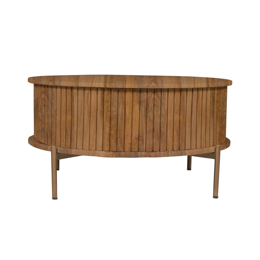 Salontafel 80 CM Rond Design Tijdloos: Ronde houten salontafel met een glad blad en slanke metalen poten. De natuurlijke afwerking accentueert de houtnerf. Tijdloos ontwerp voor elk interieur.