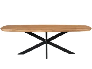Frontale weergave van een Madison ovale eettafel. Het blad is naturelkleurig hout en het onderstel is zwart metaal.