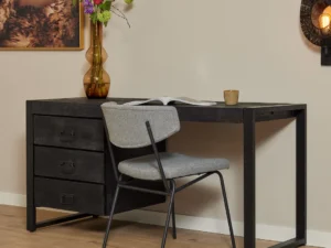 Zwart mangohouten bureau 145x58 met 3 lades. Massief hout, stijlvol design.