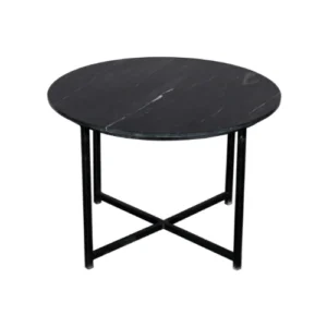 De Salontafel Zwart, Roest 75 x 75 CM heeft een vierkant zwart marmeren blad en vier slanke poten met een X-vormig onderstel.