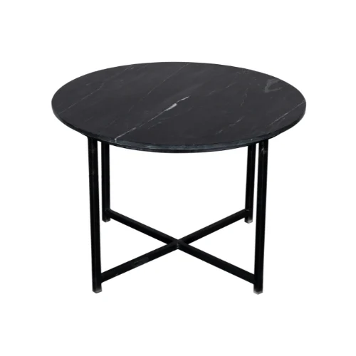 De Salontafel Zwart, Roest 75 x 75 CM heeft een vierkant zwart marmeren blad en vier slanke poten met een X-vormig onderstel.