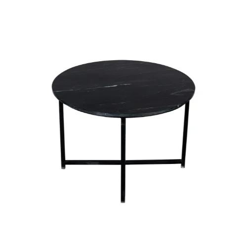 De Salontafel Zwart, Roest 75 x 75 CM is een vierkante salontafel met een zwart marmerachtig blad en eenvoudige zwart metalen poten in een kruisend X-patroon.