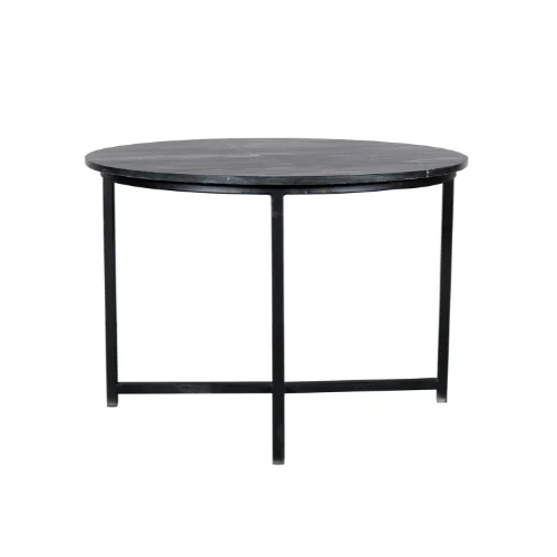De Salontafel Zwart, Roest 75 x 75 CM is een vierkante zwarte salontafel met een modern ontwerp, met een glad marmeren blad en vier rechte poten die in een kruispatroon met elkaar verbonden zijn aan de basis.