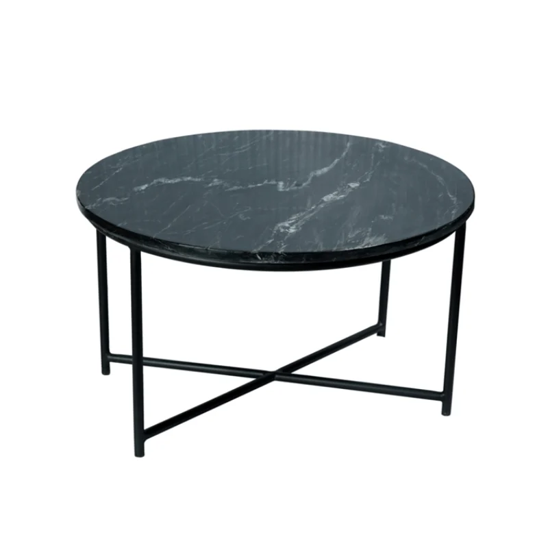 De Salontafel Zwart 75 x 75 CM Vierkant heeft een zwart marmeren blad en slanke zwarte metalen poten die verbonden zijn door een X-vormige steun aan de onderkant.