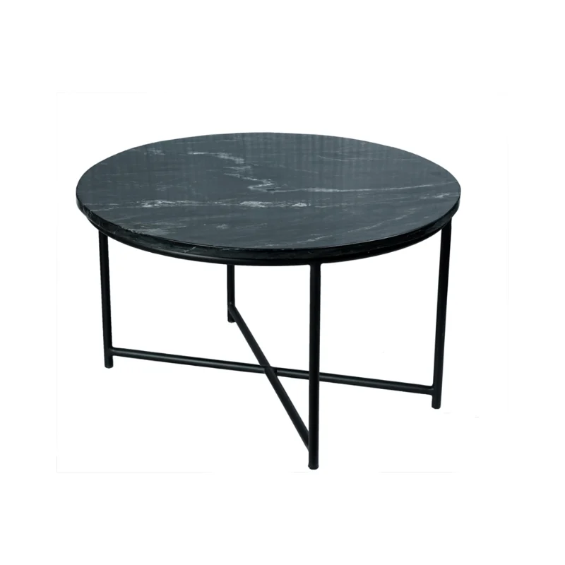 De Salontafel Zwart 75 x 75 CM Vierkant is een vierkante zwart marmeren salontafel met een strak blad en dunne metalen poten verbonden door een kruisvoet, weergegeven tegen een witte achtergrond.