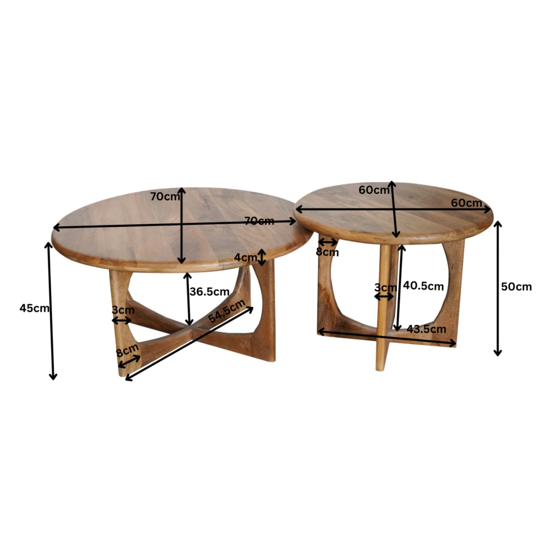 De Salontafel Milou | Naturel | 70 cm set bestaat uit twee ronde houten nesttafels: de grootste is 70 cm breed, 45 cm hoog; de kleinste is 60 cm breed, 50 cm hoog. Gedetailleerde afmetingen voor poten en tafelbladranden worden weergegeven.