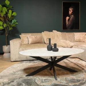 Een moderne woonkamer met een beige sectionele bank, de Salontafel Wit 46 CM Ovaal Marmer salontafel, een grote bladplant, neutrale kussens, een vloerkleed met patroon en een portret van een vrouw op de donkere muur.