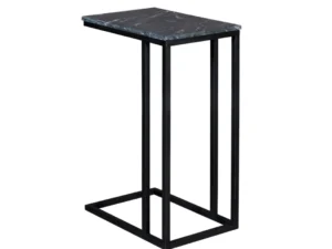 De Schuifregelaar Marmer | Hoog | Zwart is een moderne C-vormige bijzettafel met een zwart metalen frame en een rechthoekig zwart marmeren blad. Het minimalistische, open ontwerp schuift gemakkelijk onder banken of stoelen voor gemak en stijl.