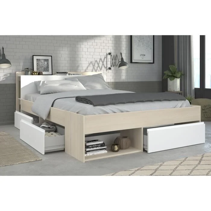 Bedframe 140 x 200 cm Wit & Acaciahout Spaanplaat met lades - Afbeelding 2