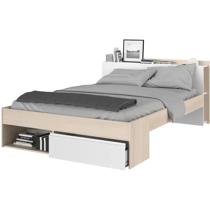 Bedframe 140 x 200 cm Wit & Acaciahout Spaanplaat met lades - Afbeelding 3