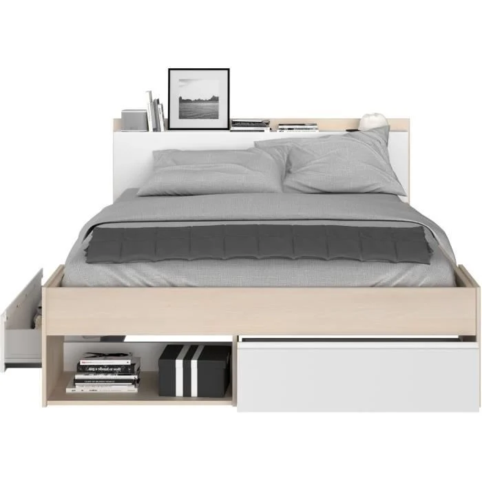 Bedframe 140 x 200 cm Wit & Acaciahout Spaanplaat met lades - Afbeelding 4