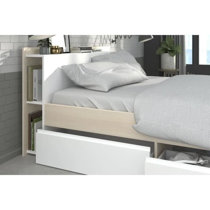 Bedframe 140 x 200 cm Wit & Acaciahout Spaanplaat met lades - Afbeelding 5