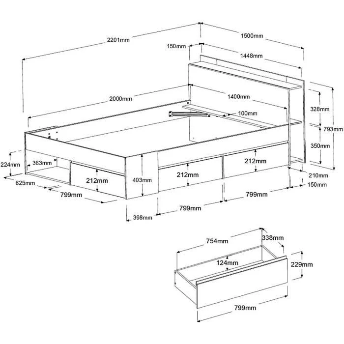 Bedframe 140 x 200 cm Wit & Acaciahout Spaanplaat met lades - Afbeelding 6