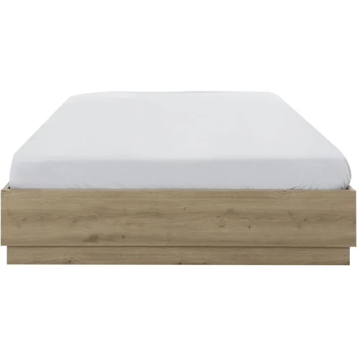 Frontale weergave van een laag ecru opbergbed 160x200 cm met een eikenhouten frame en een wit laken. De belichting is helder en egaal.