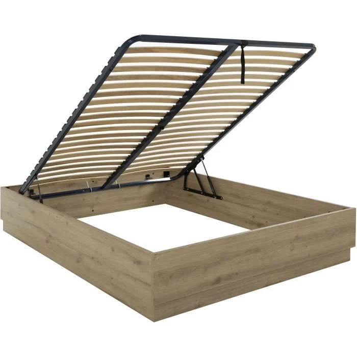 Schuin aanzicht van een open opbergbed 160 x 200 cm. De bedbodem is omhoog gekanteld, frame is zwart, lattenbodem is licht houtkleurig.