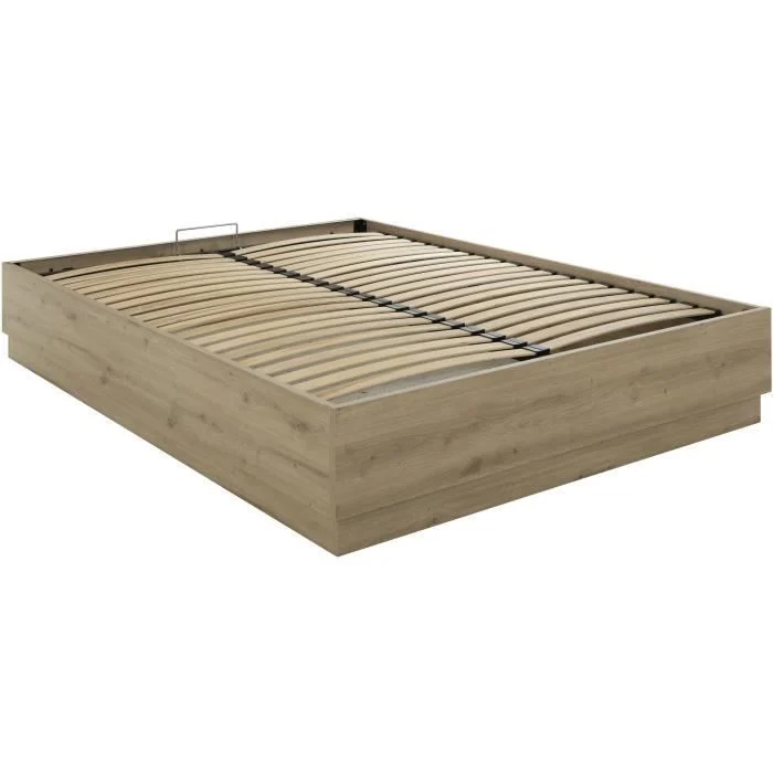 Laag profiel eiken opbergbed 160x200 cm, ecru kleur. Houten lattenbodem zichtbaar, lichte houtnerf. Neutrale achtergrond, zachte belichting.
