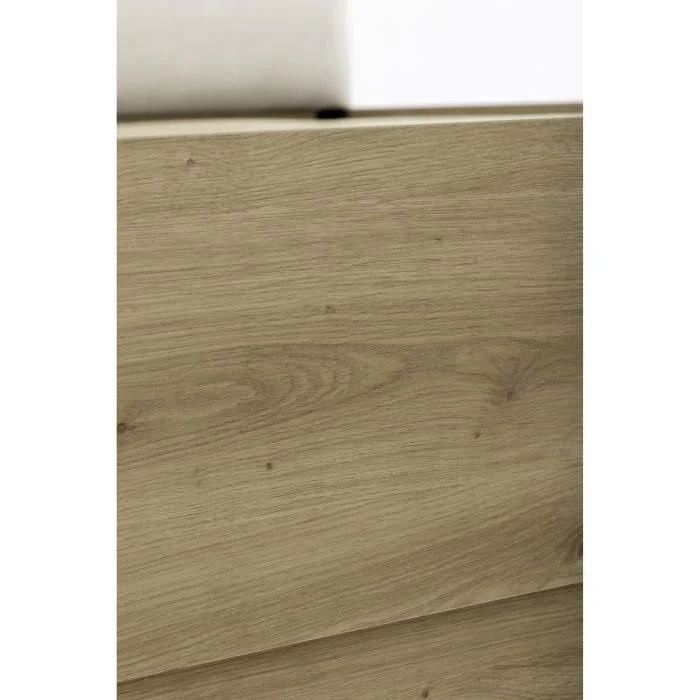 Detailopname van een eiken opbergbed, laag profiel. De warme, natuurlijke houtnerf is goed zichtbaar onder zachte belichting.