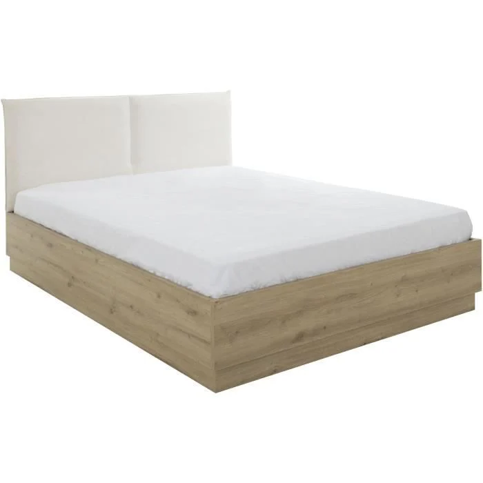 Lage hoek van een eiken opbergbed met ecru hoofdeinde. Het bed heeft een wit laken en een houten frame. Neutrale achtergrond.