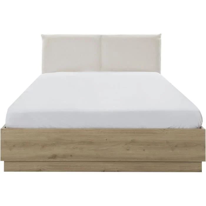 Vooraanzicht van een opbergbed 140 x 190 cm met een ecru textielen hoofdbord en een eikenhouten bedbodem onder een wit laken in heldere belichting.