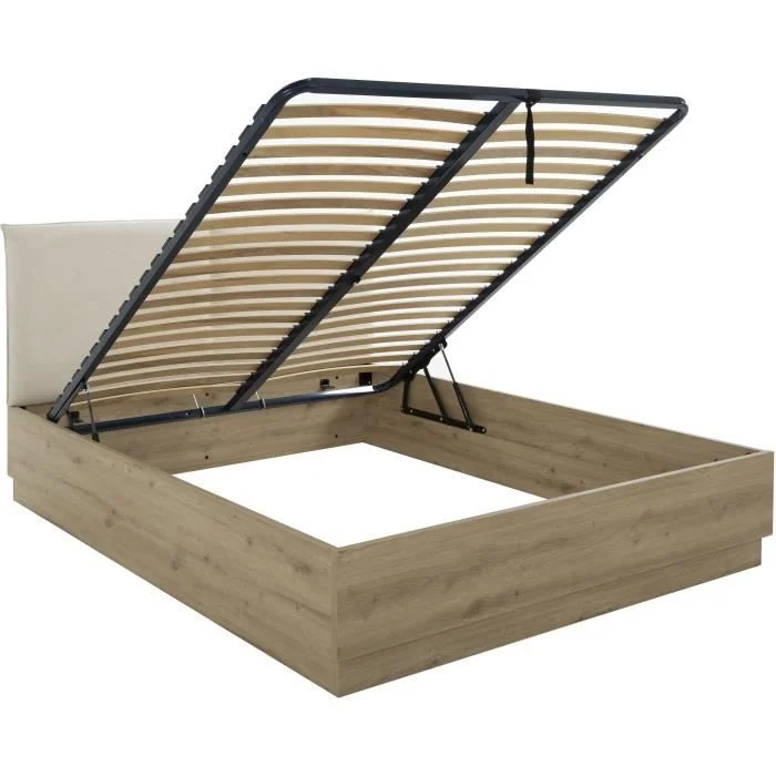 Open opbergbed met ecru hoofdeinde en houten bedbodem, gezien in vogelperspectief. Het eiken frame heeft een lichte houtnerf en zachte belichting.