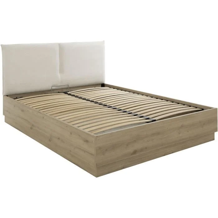Schuin zicht op een eiken opbergbed 140 x 190 cm met ecru hoofdbord. De bedbodem is zichtbaar. Neutrale achtergrond en zachte belichting.